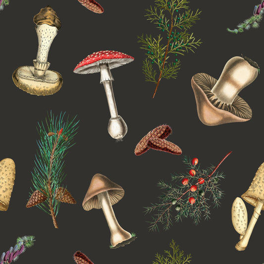 Vintage pattern of mushrooms and forest fir trees Wallpaper