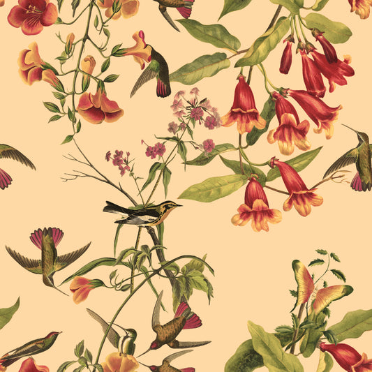 Tapete im Vintage-Stil mit tropischen Blumen und Kolibris