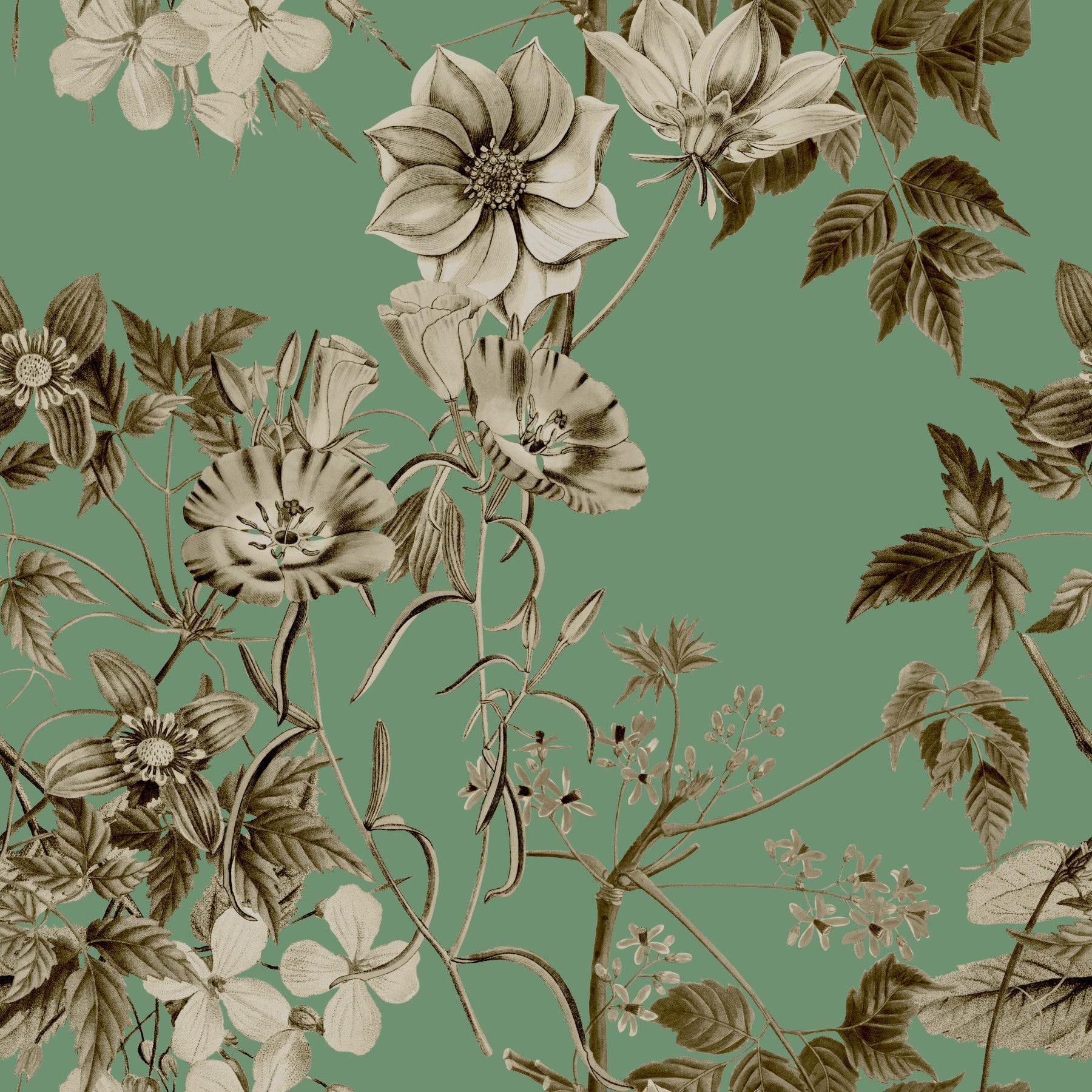 Botanische Eleganz in Sepia- und Jade-Tönen. Tapete