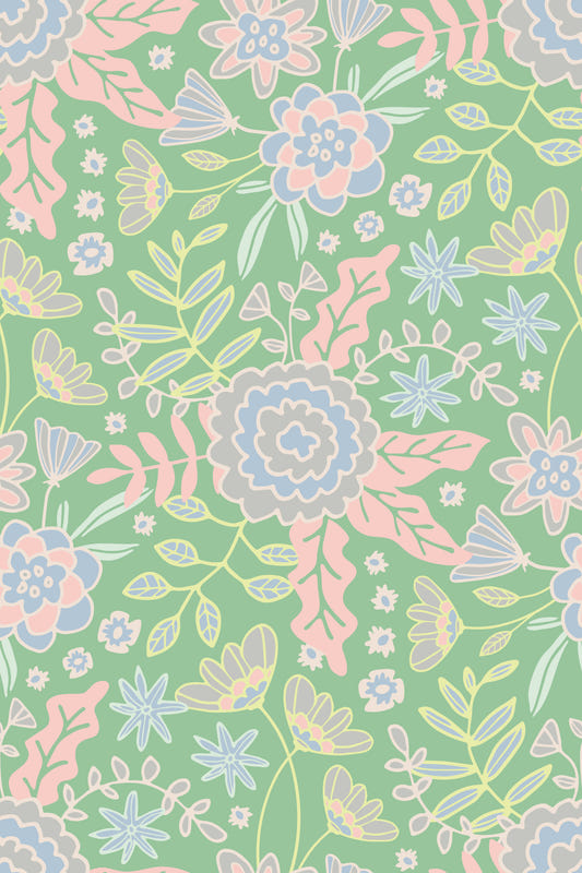 Papier peint floral Buds and Blossom style cottagecore jardin pastel vert