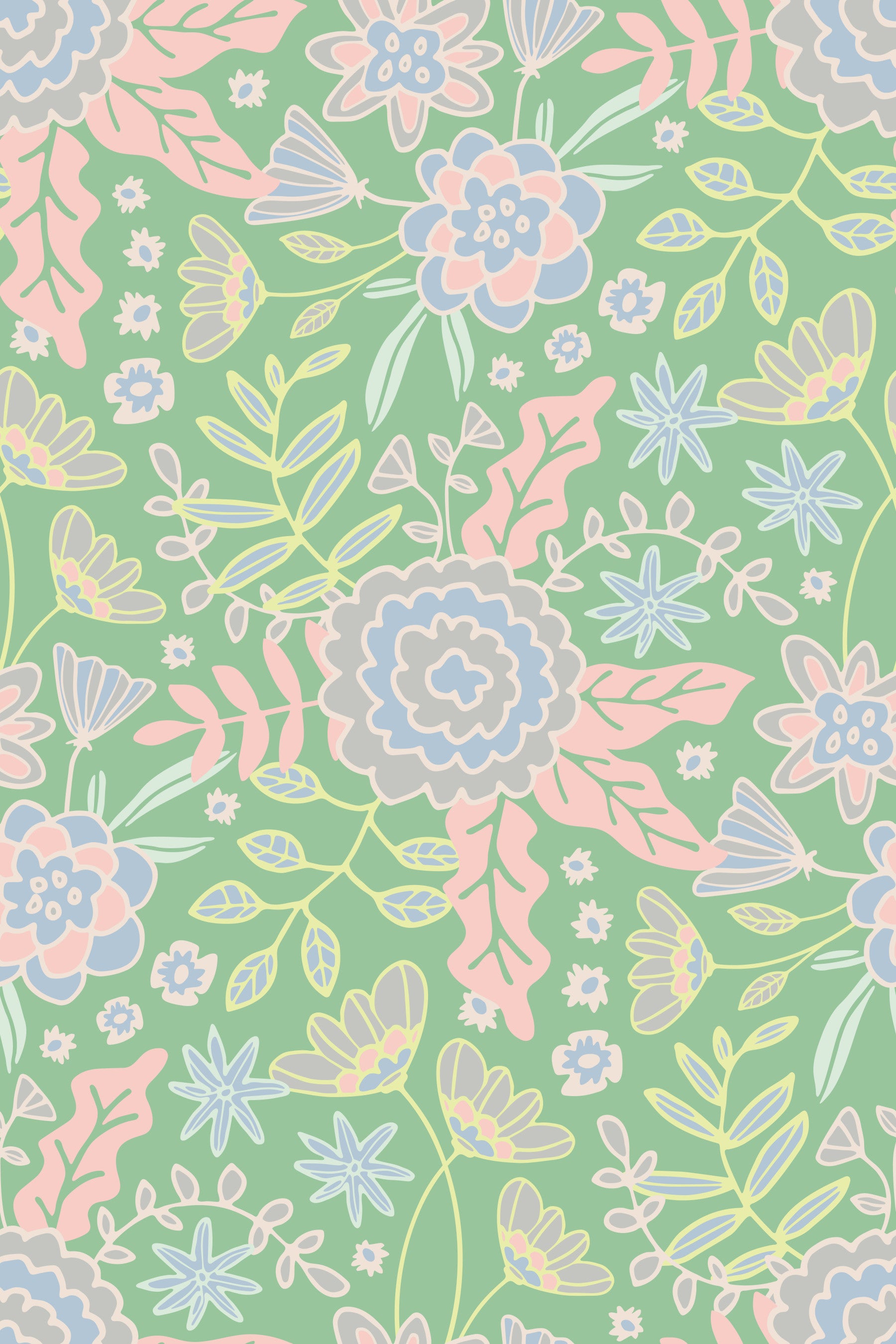 Papel de Parede Floral Buds and Blossom Cottagecore Jardim Pastel Verde