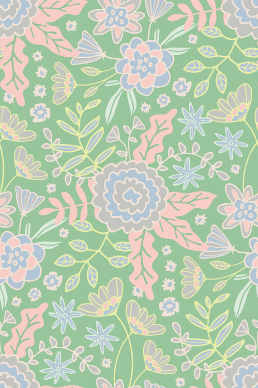 Tapet floral Buds and Blossom în stil Cottagecore, grădină pastelată verde