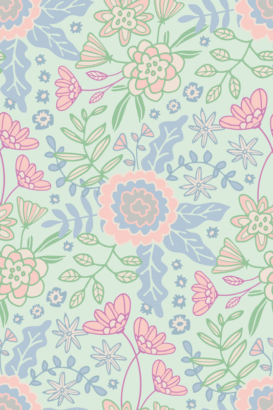 Papier peint floral Buds and Blossom style cottagecore pastel vert menthe