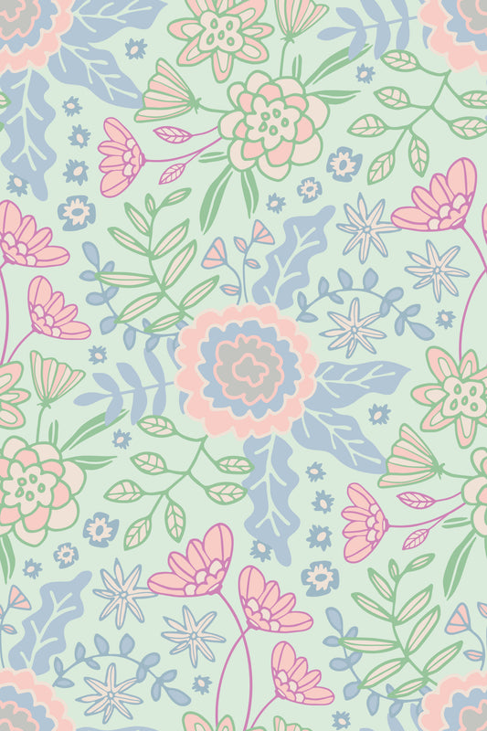 Tapet floral Buds and Blossom în stil Cottagecore, pastel, verde mentă