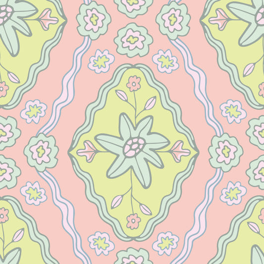Papier peint floral botanique printanier cottagecore en diamant jaune orangé rosé ensoleillé