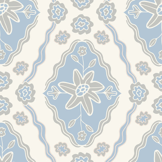 Papier peint floral printanier cottagecore ensoleillé, botanique diamant gris bleu et blanc