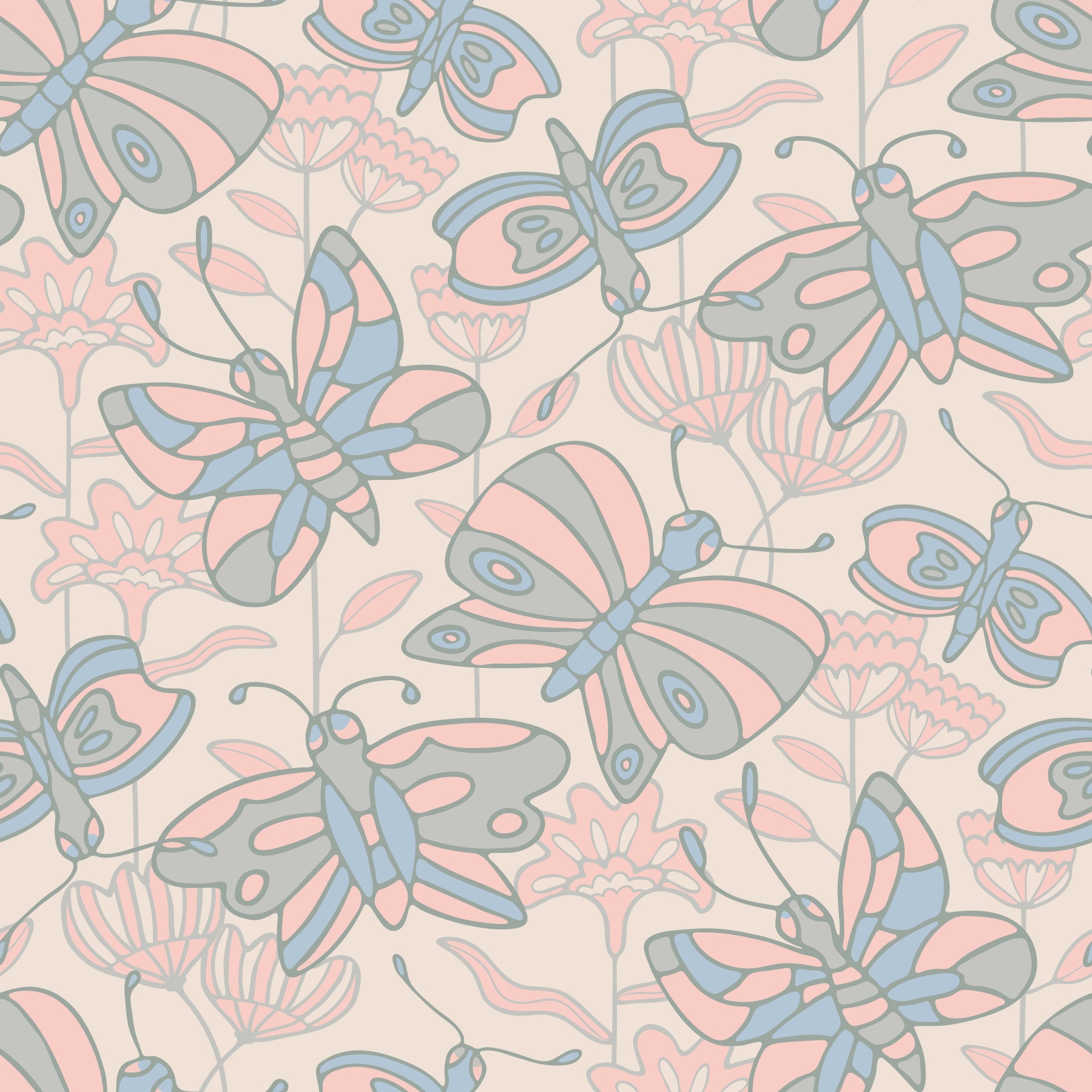 Flutter Cottagecore lente vlinder bloemen pastel blauw grijs blush behang⁠