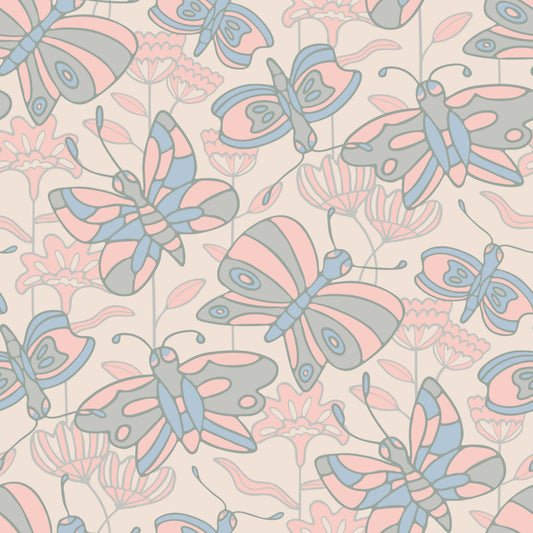 Tapet Floral Pastel Albastru Gri Roz Pal cu Fluturi Primăvara în Stil Cottagecore Flutter