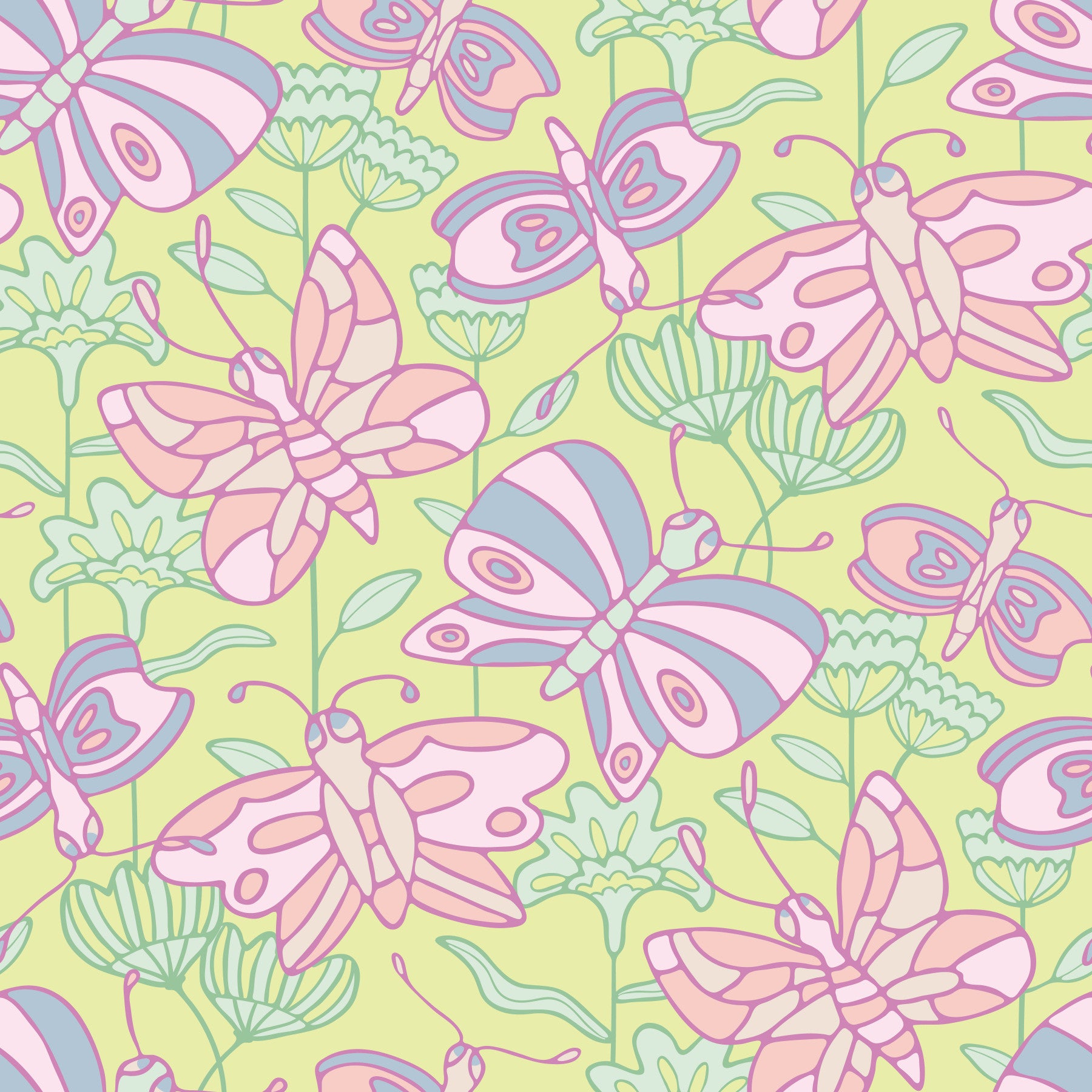 Flutter Cottagecore Vår Sommerfugl Blomstermønster Pastell Rosa Lilla Grønn Tapet⁠