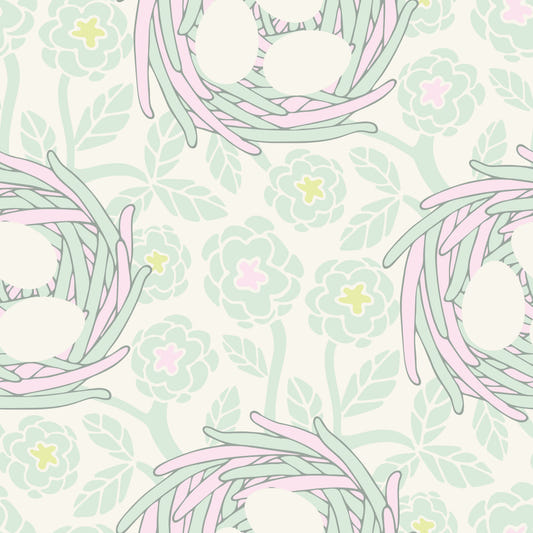 Papier peint nid douillet cottagecore printemps floral œufs d'oiseaux pastel menthe blanc