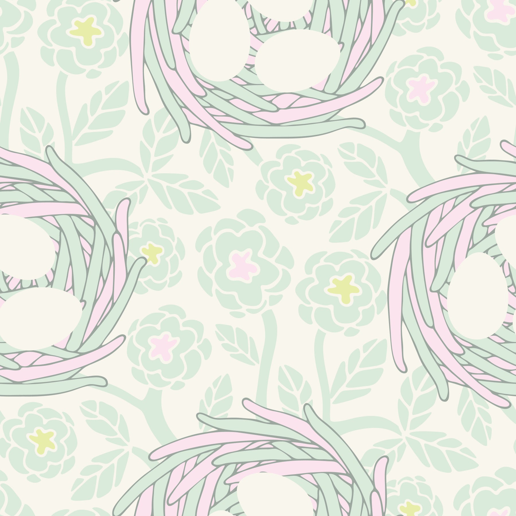 Carta da parati primaverile Cottagecore con nido accogliente, fiori, uova di uccello, pastello menta e bianco