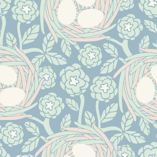 Gemütliches Nest Cottagecore Frühling Blumen Vogel Eier Pastell Mint Blau Tapete⁠