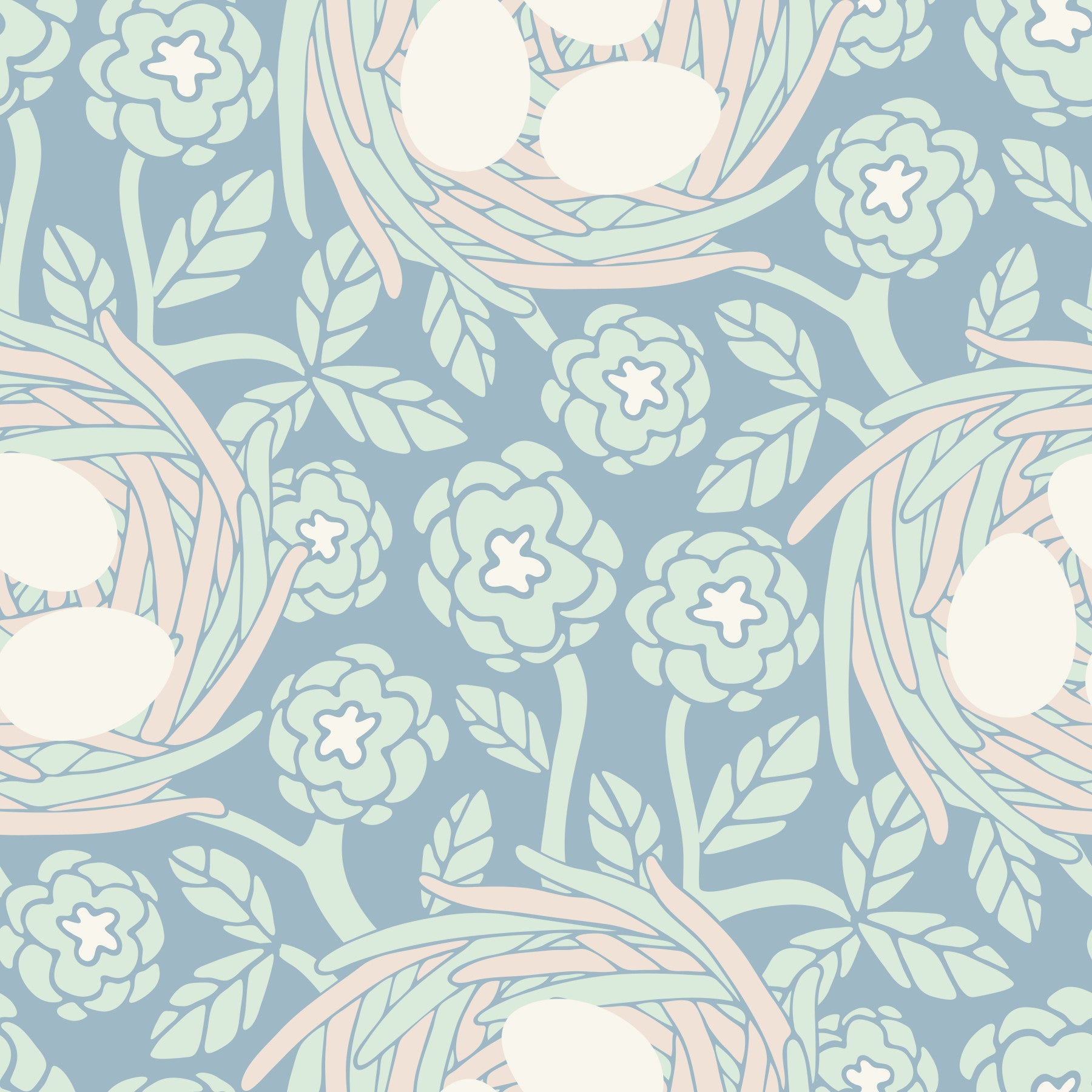 Gemütliches Nest Cottagecore Frühling Blumen Vogel Eier Pastell Mint Blau Tapete⁠