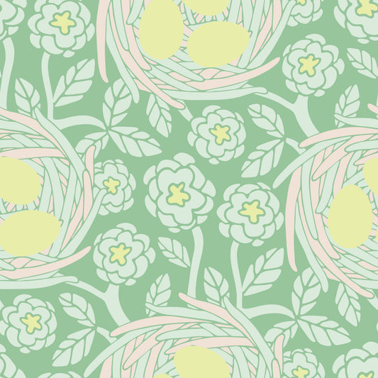 Cozy Nest Cottagecore Spring Floral Bird Eggs Pastel Yellow Green Wallpaper⁠