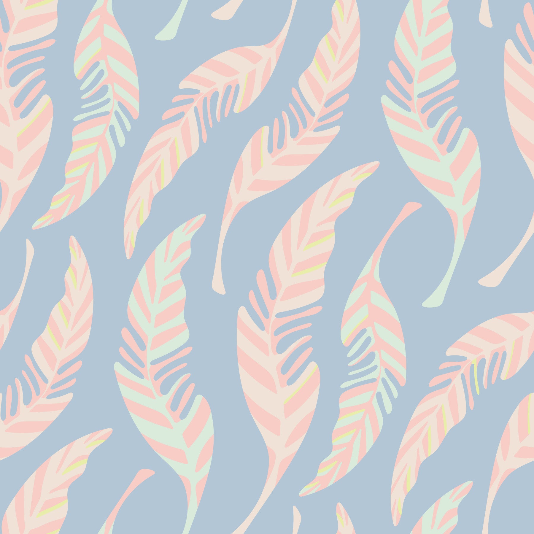 Leve Como Uma Pena Papel de Parede Cottagecore de Primavera com Penas em Tons Pastel Rosa e Azul