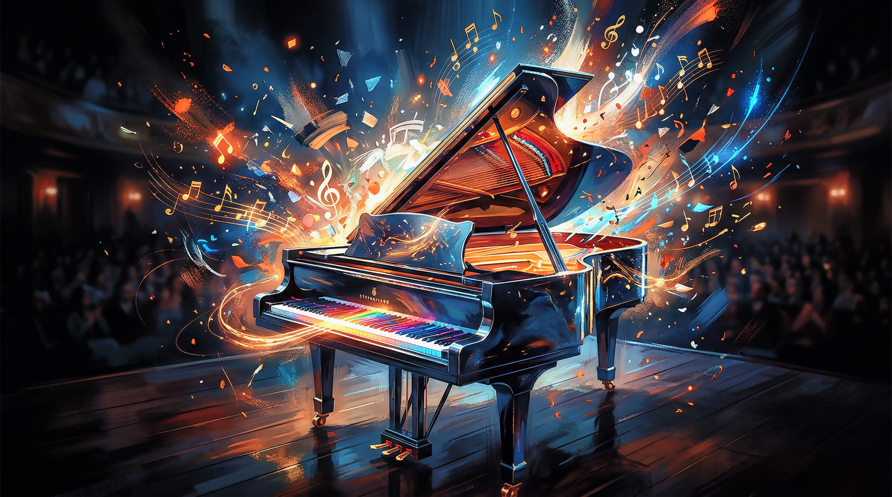 Living room styled with Melody Burst mural and colorful piano light design