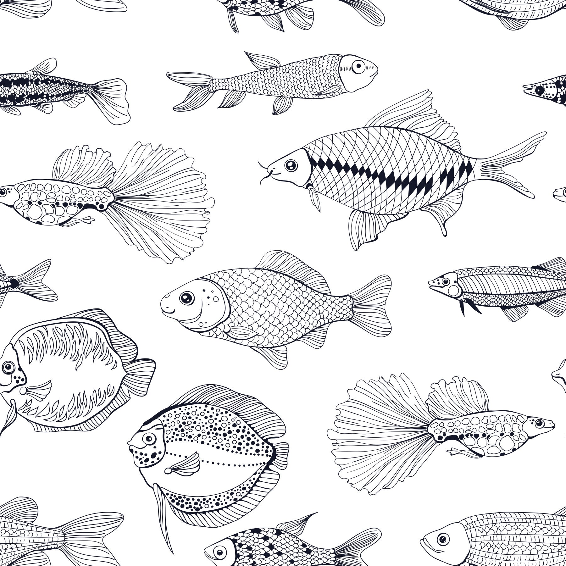 Moderne handgezeichnete Fischlinienkunst / Schwarz-weißes nautisches Muster Tapete