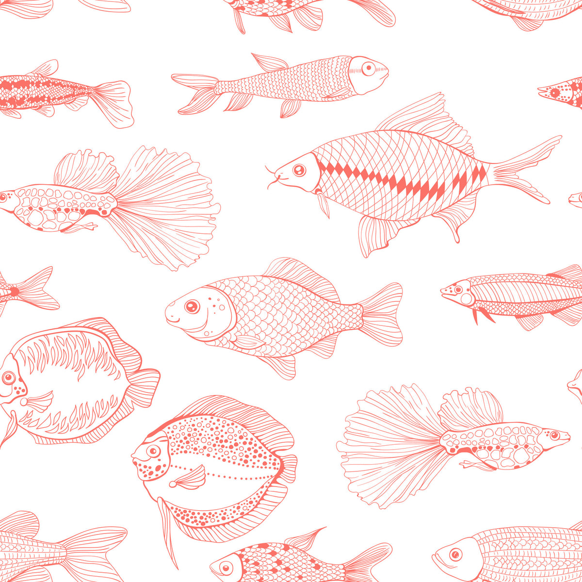 Moderne handgezeichnete Fischlinienkunst / Korallen- und weißes nautisches Muster Tapete in your room — zoomed