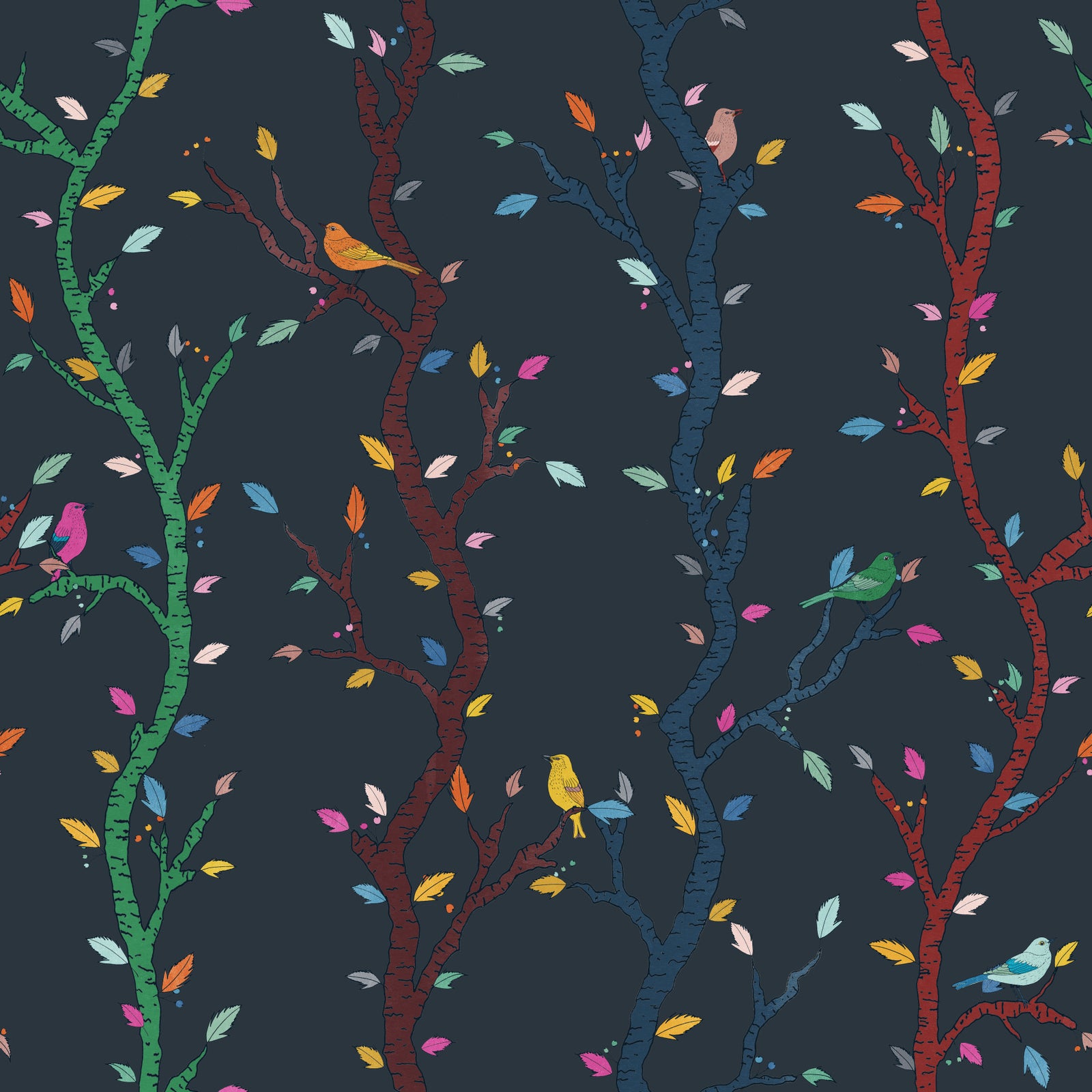 Papel pintado de ramas del bosque a medianoche con pájaros in your room