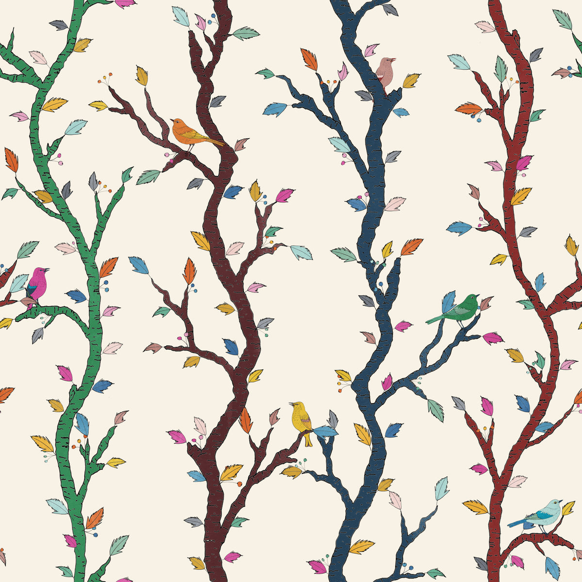 Papel pintado de ramas de bosque juguetonas con pájaros in your room