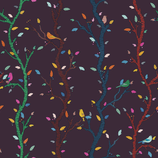 Fuchsia Night Woodland Branches with Birds Wallpaper⁠