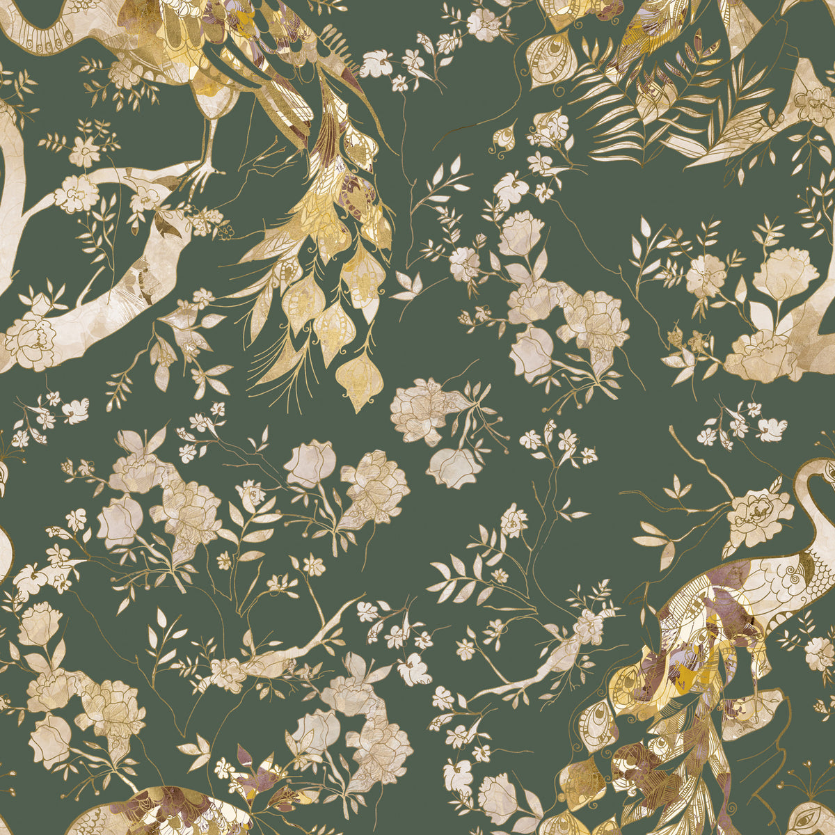 Papier peint paon vintage vert olive in your room