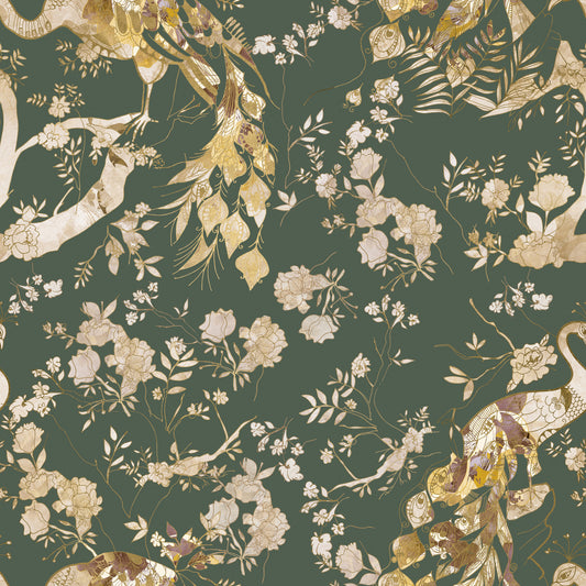 Papel de Parede Vintage Pavão Verde Azeitona