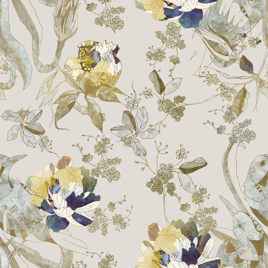 Papel de Parede Pássaro Verde Esmeralda e Floral