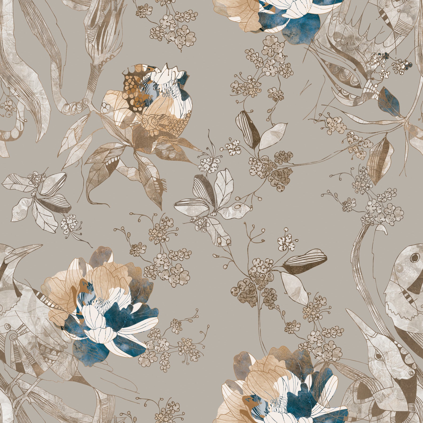 Taupe Vintage Botanical Wallpaper⁠