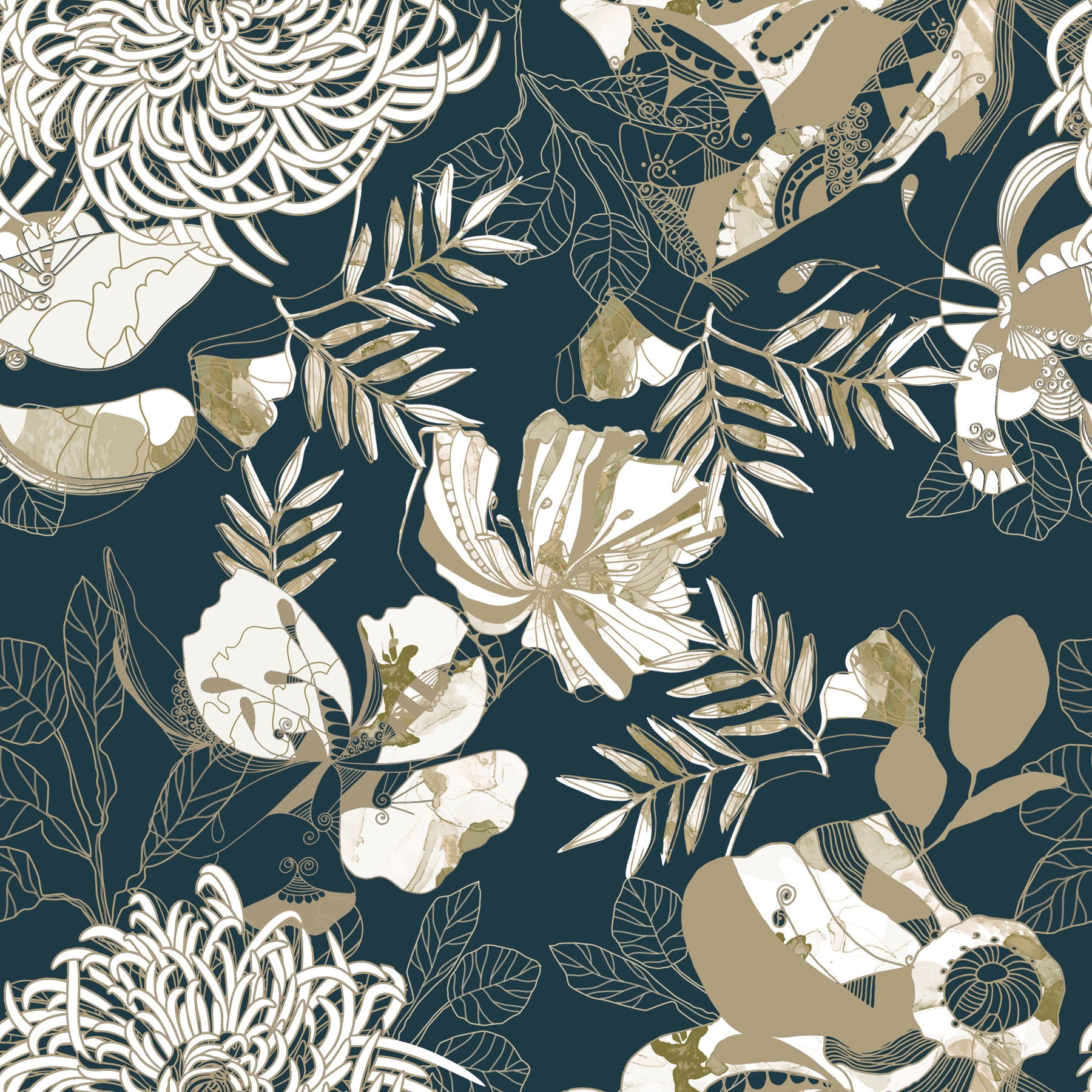 Art Deco Türkisblaues Blumen-Tapetenmuster