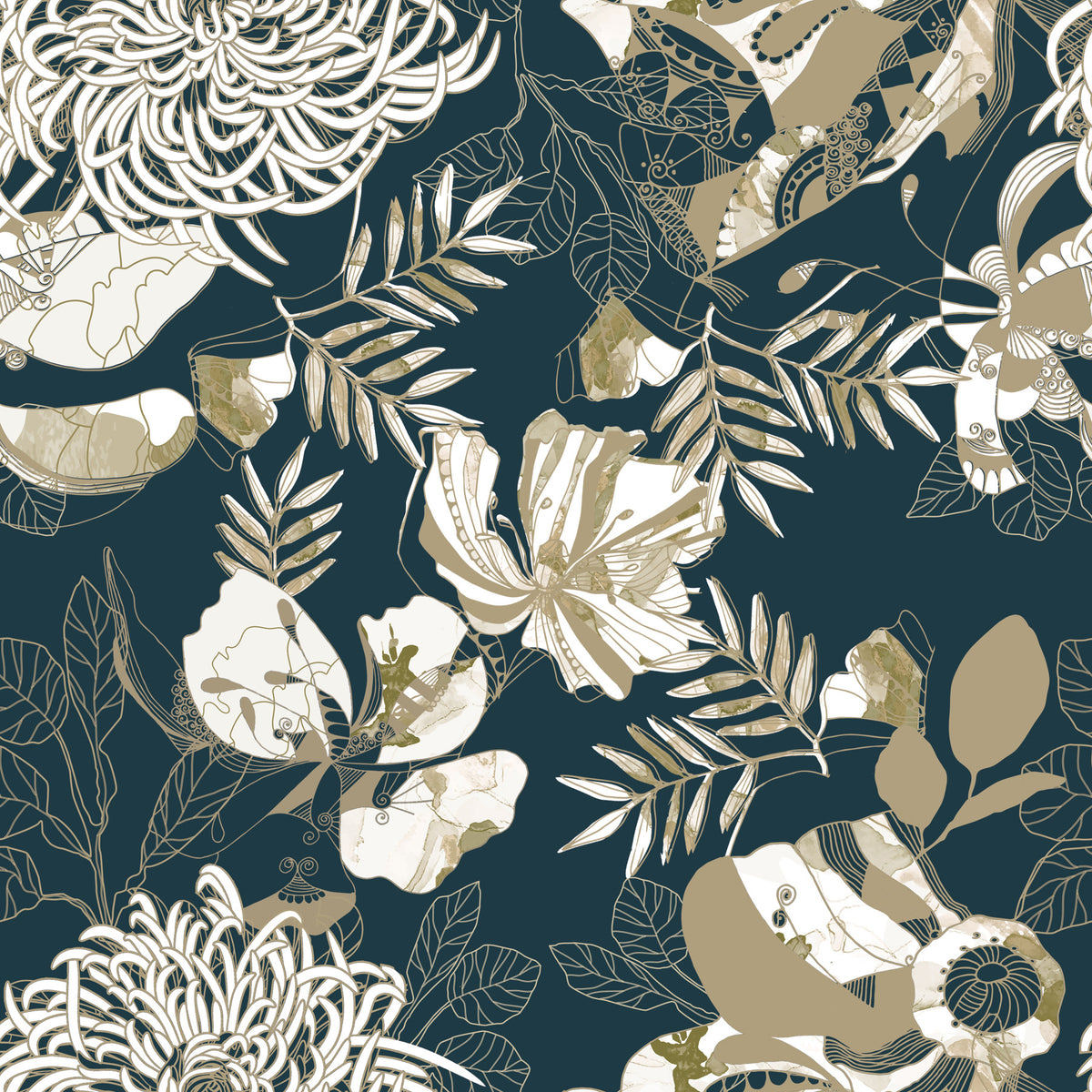 Art Deco turquoise bloemenbehang in your room — zoomed