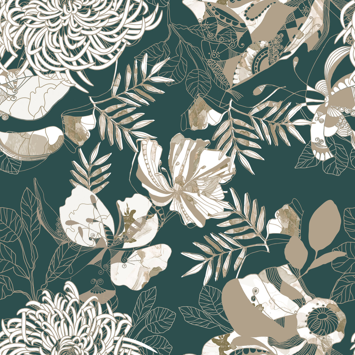Papier peint floral Art déco vert forêt in your room