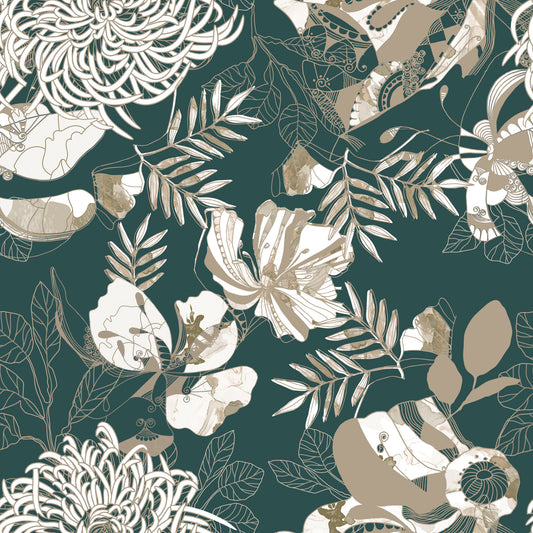 Papel de Parede Floral Art Déco Verde Floresta
