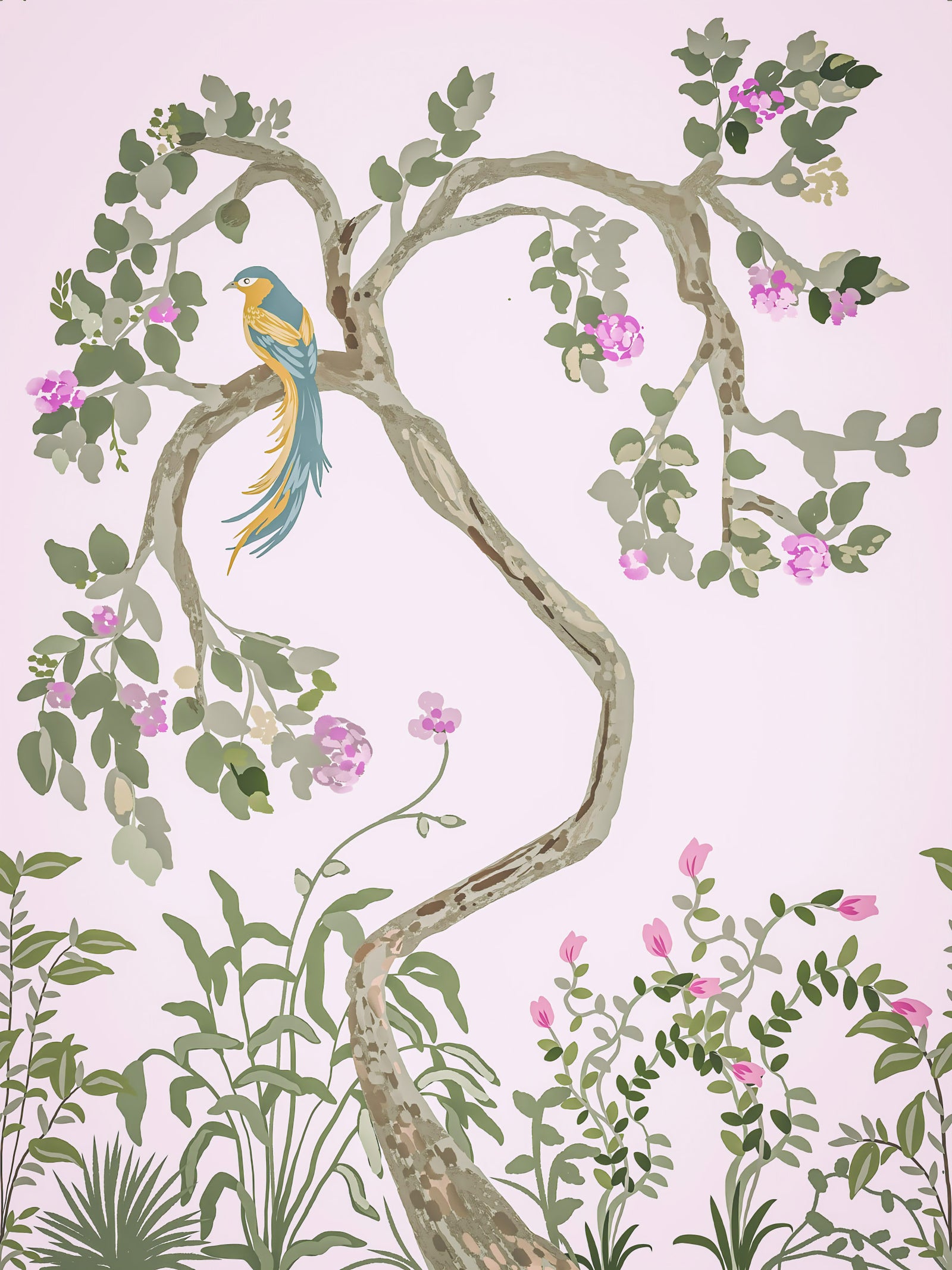 Chinoiserie-trädgård med vackra fåglar väggmålning