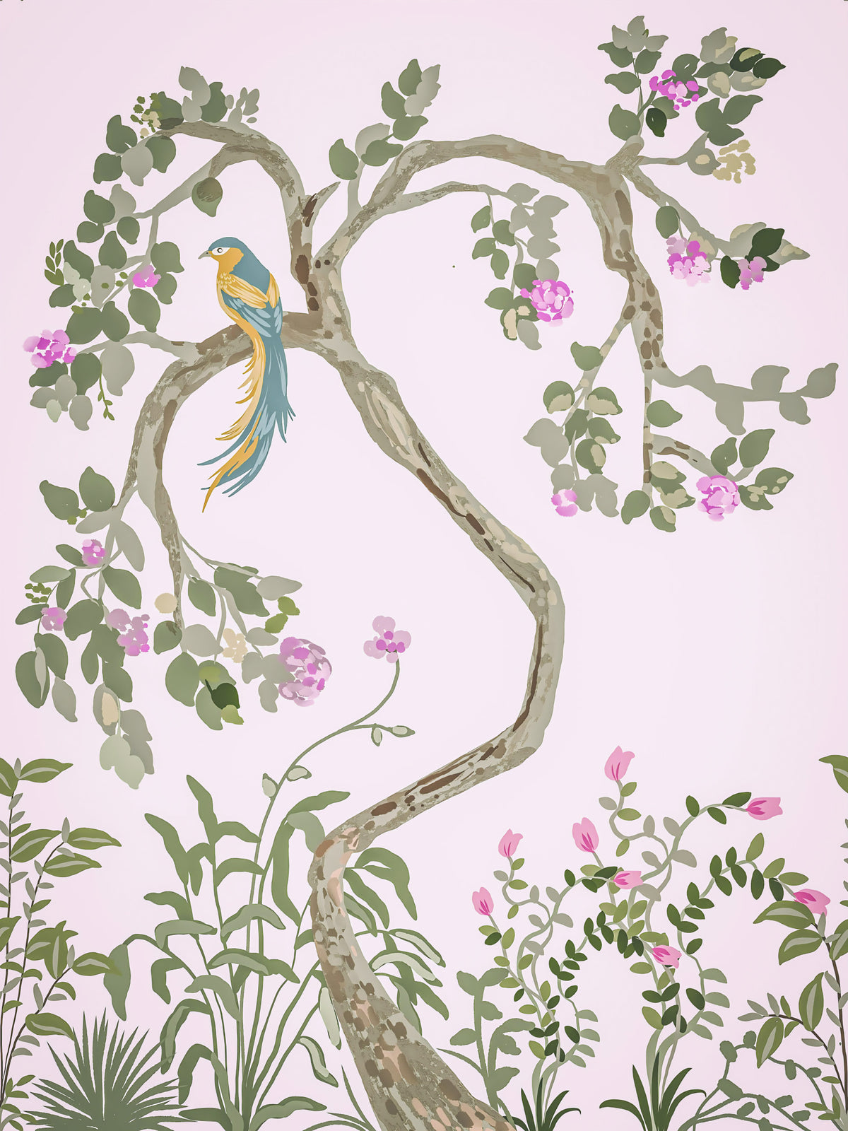 Chinoiserie-trädgård med vackra fåglar väggmålning in your room — zoomed