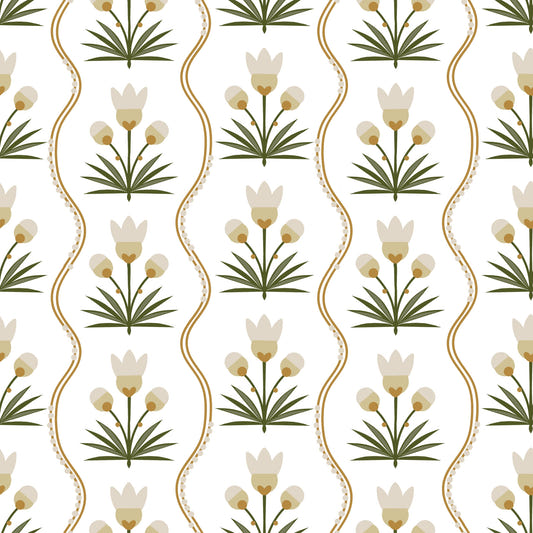 Earthen Floral Grace Symmetrisk hvid minimalistisk blomster tapet