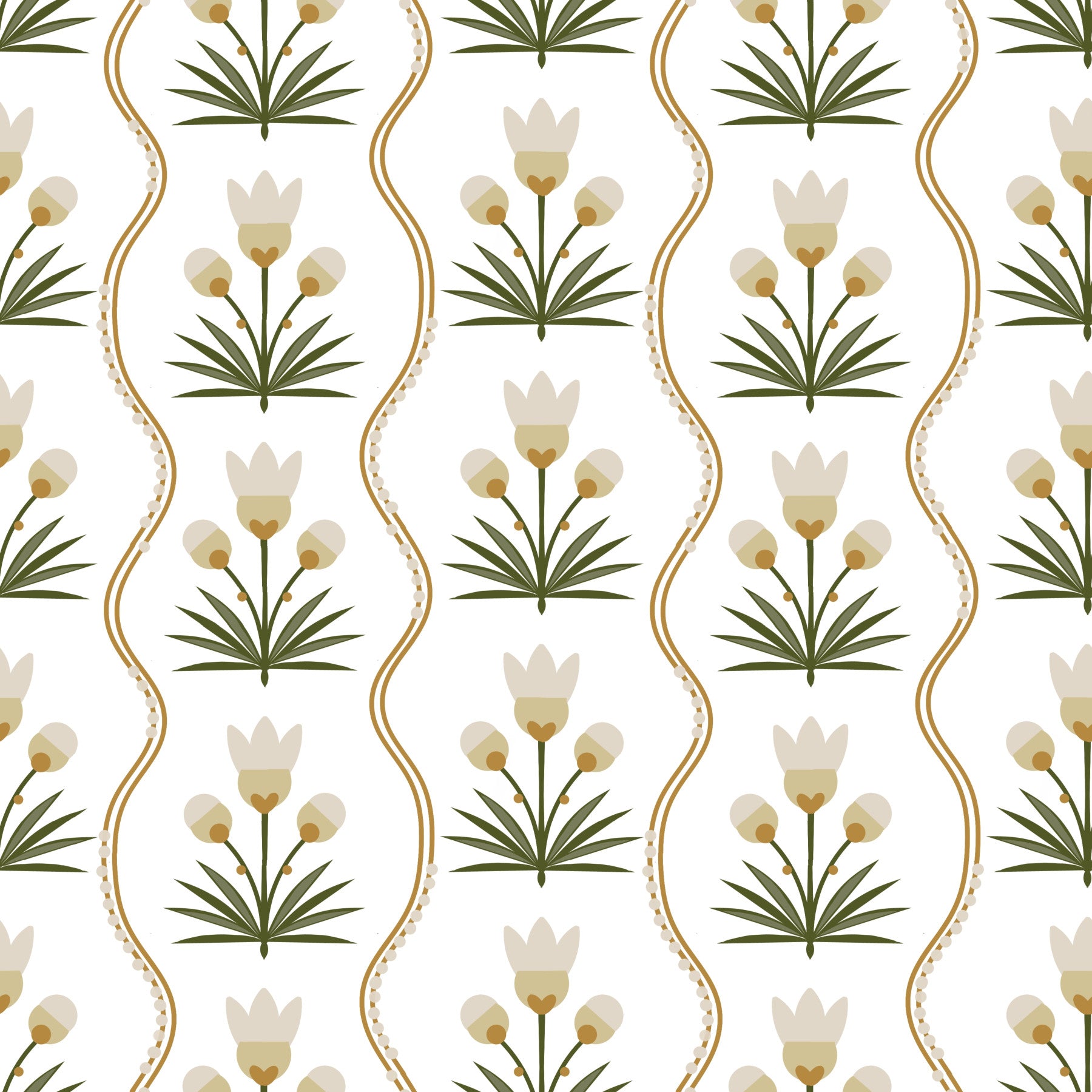 Earthen Floral Grace Symmetrische weiße minimalistische Blumen Tapete