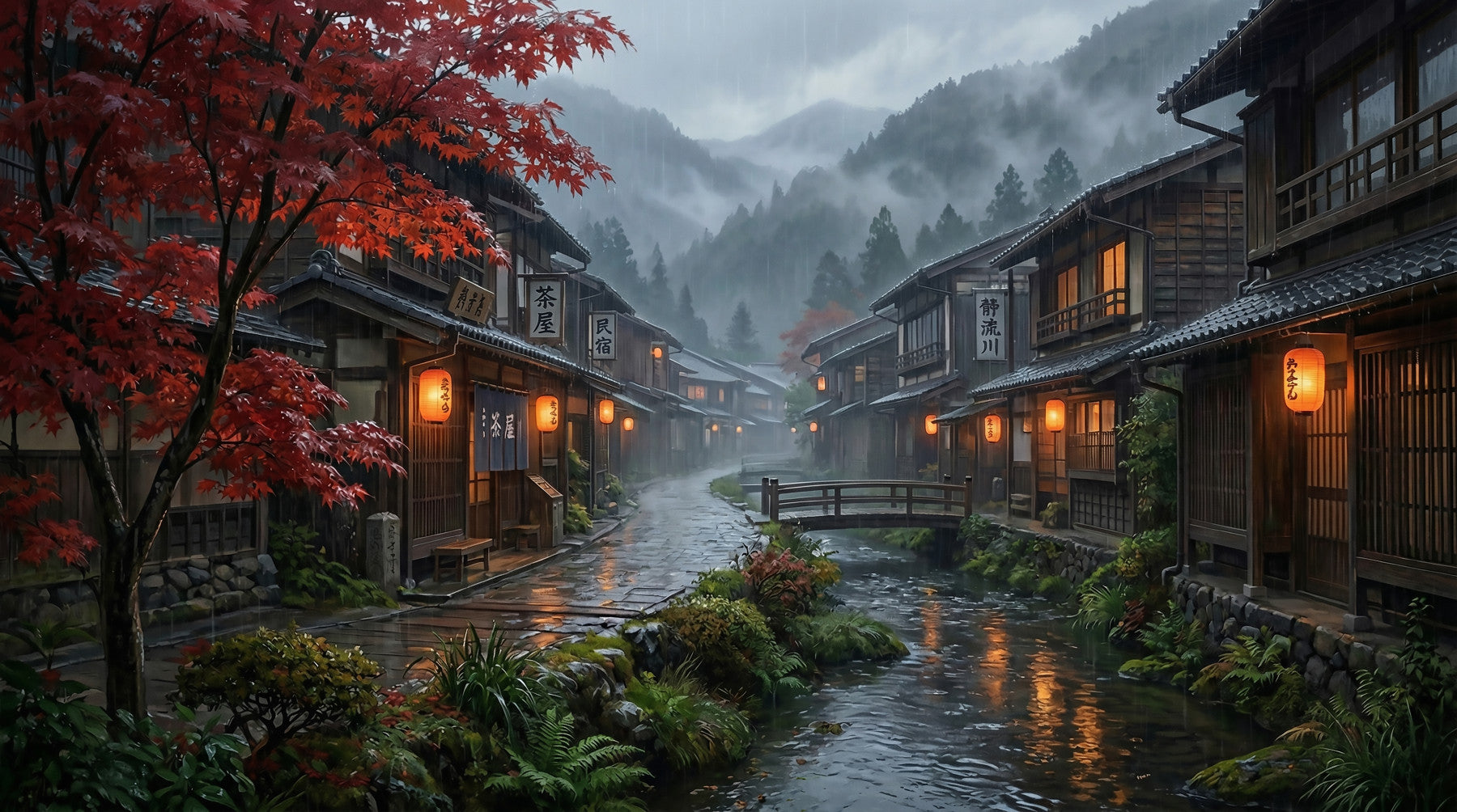 Crimson Rain in Old Japan Wall Mural in your room — zoomed