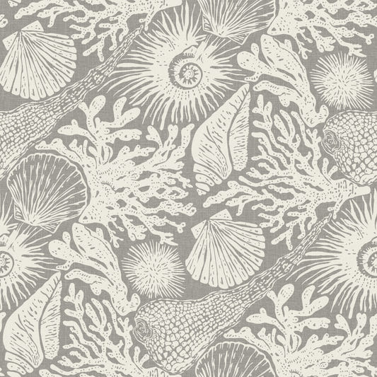 Papier peint bohème coquillages et corail gris
