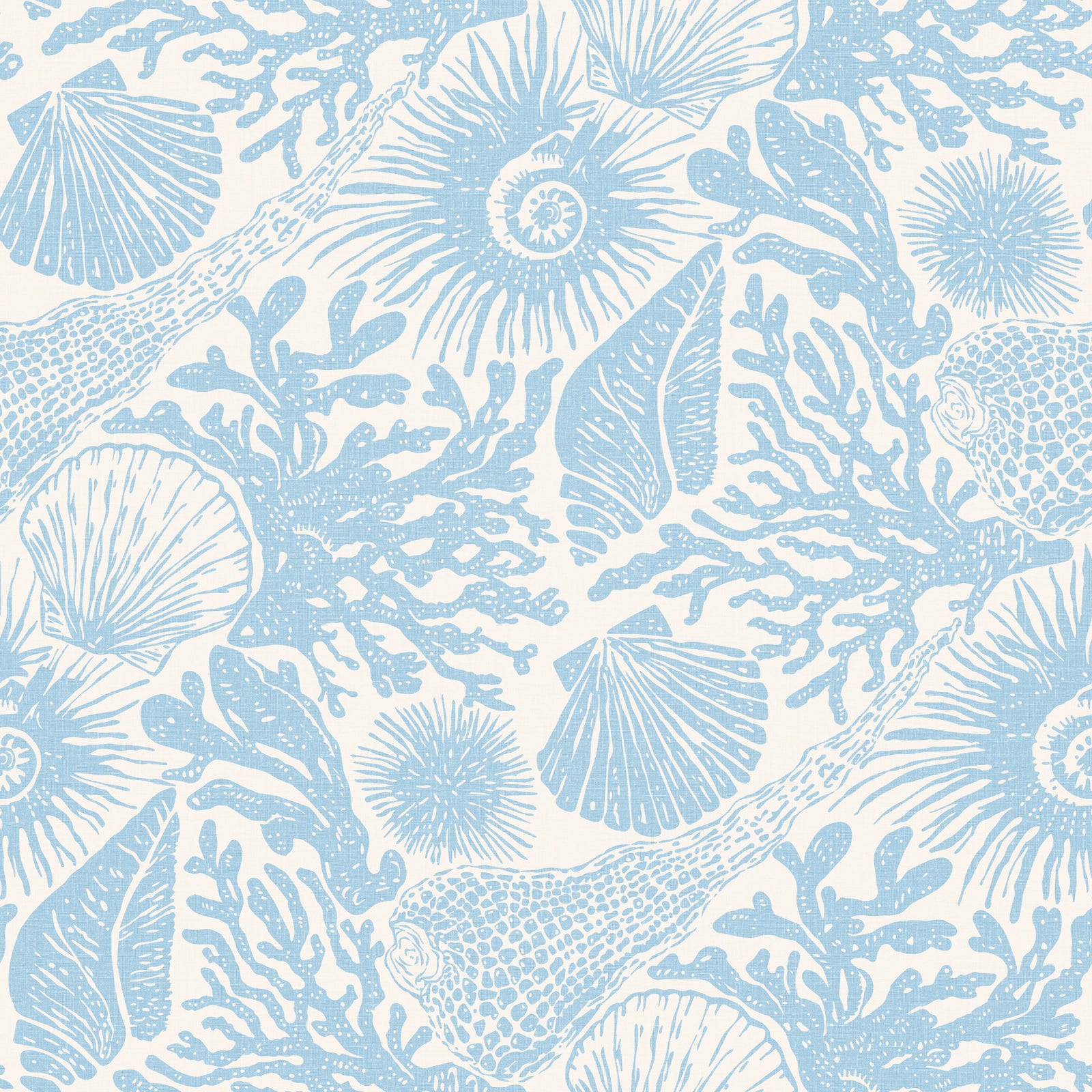 Boho Muschel- & Korallen-Tapete in sanftem Blau