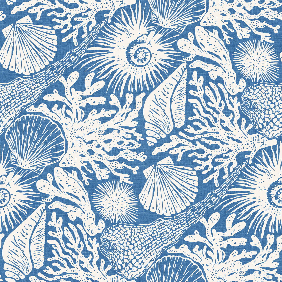 Carta da parati Boho con conchiglie e coralli blu denim