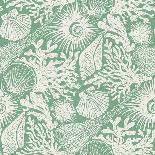Boho Seashell & Coral Aqua Green Wallpaper⁠