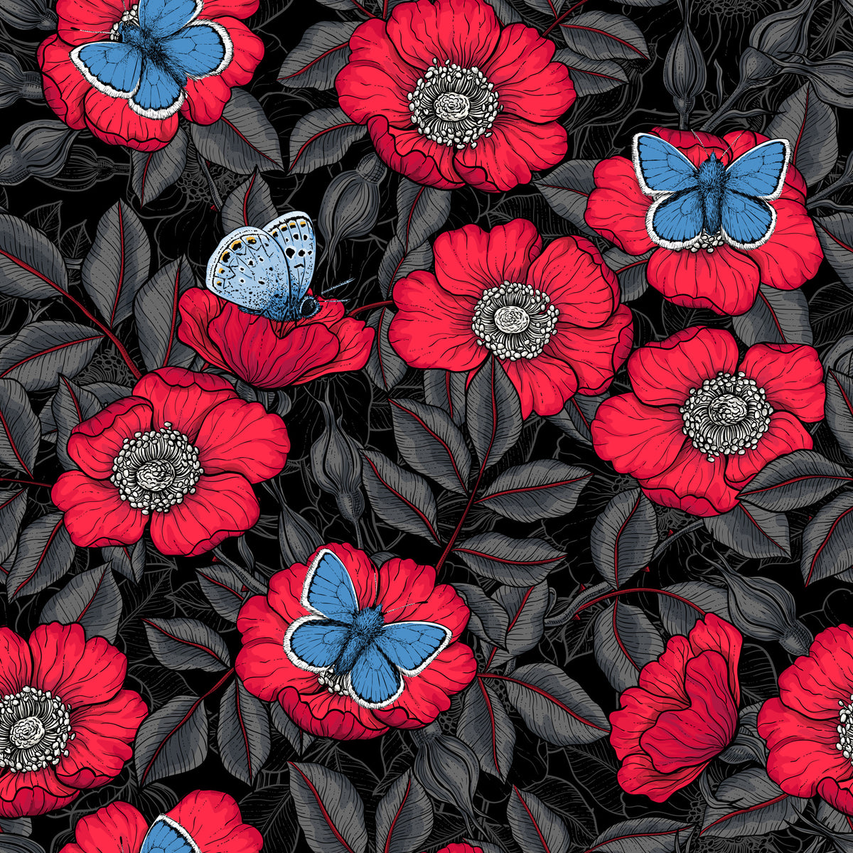 Dog Rose and Butterflies – Red and Blue Floral Colored Line Art on Red Background Wallpaper⁠ in your room — zoomed