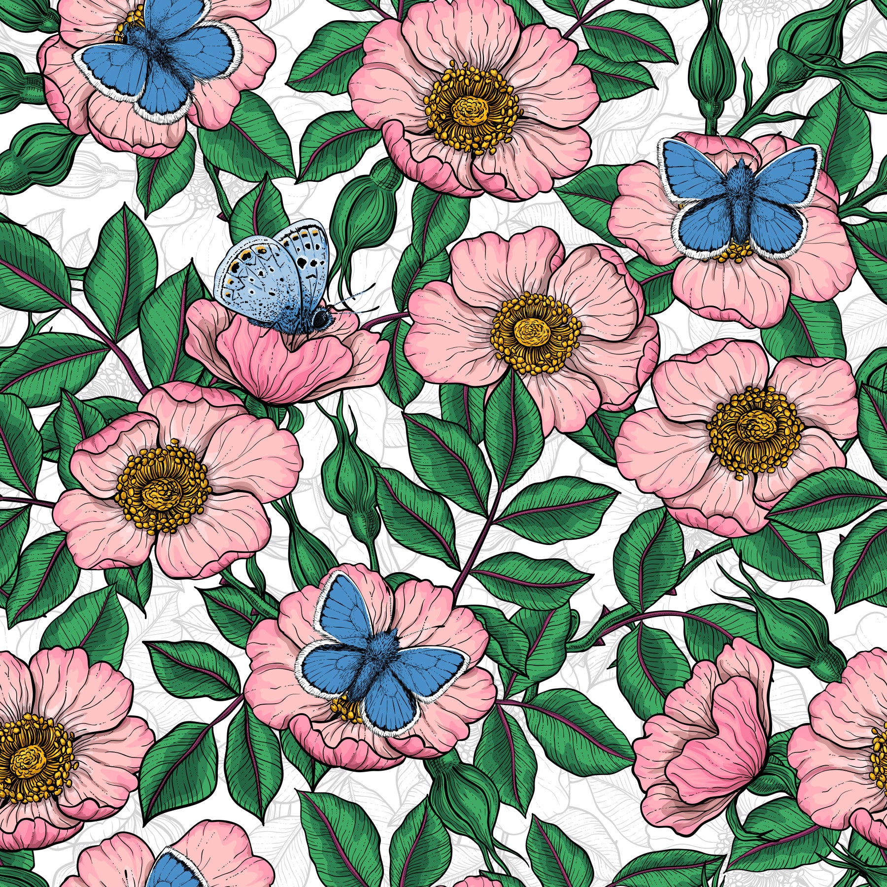 Rosa Canina e Farfalle – Linee Colorate Floreali Rosa, Verde e Blu su Sfondo Bianco Carta da Parati