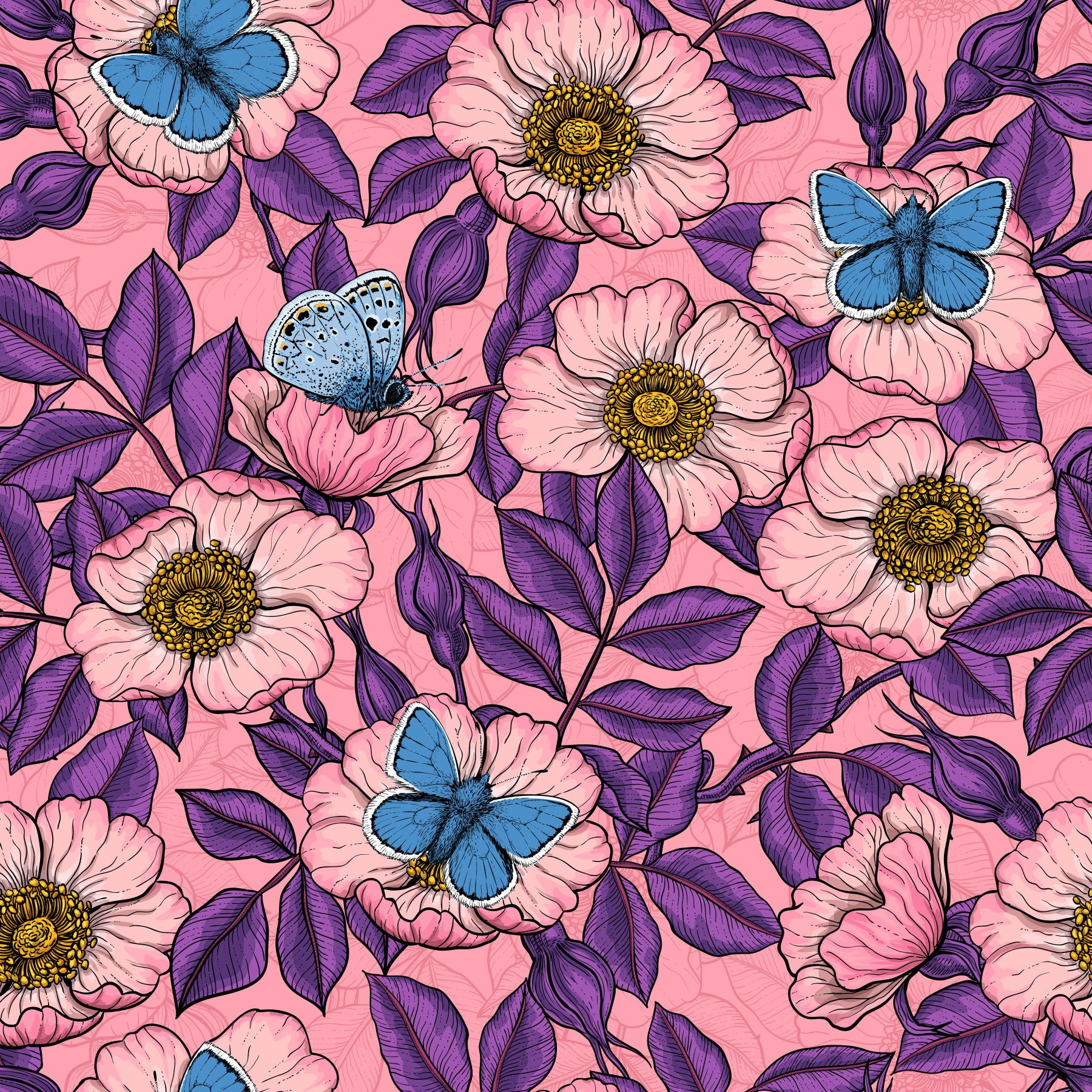 Pink and purple dog rose butterfly wallpaper sets the tone of a bright living room