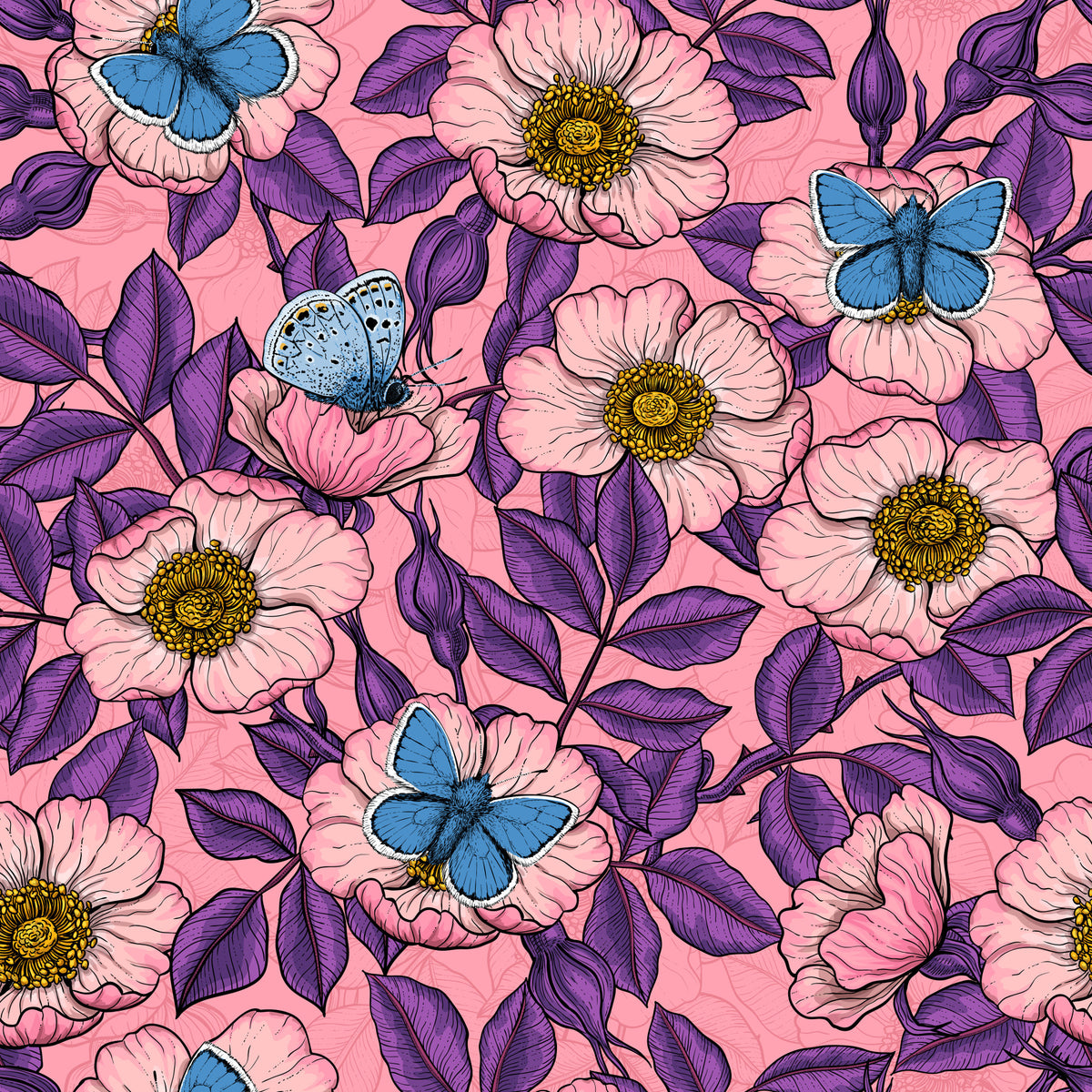 Dog Rose and Butterflies – Pink and Purple Floral Colored Line Art on pink Background Wallpaper⁠ in your room