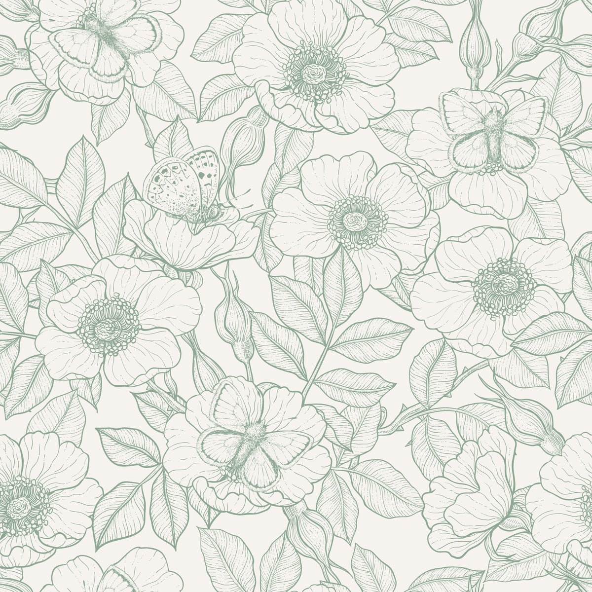 Trandafir sălbatic și fluturi/Linii florale verzi delicate pe tapet alb-crem in your room — zoomed