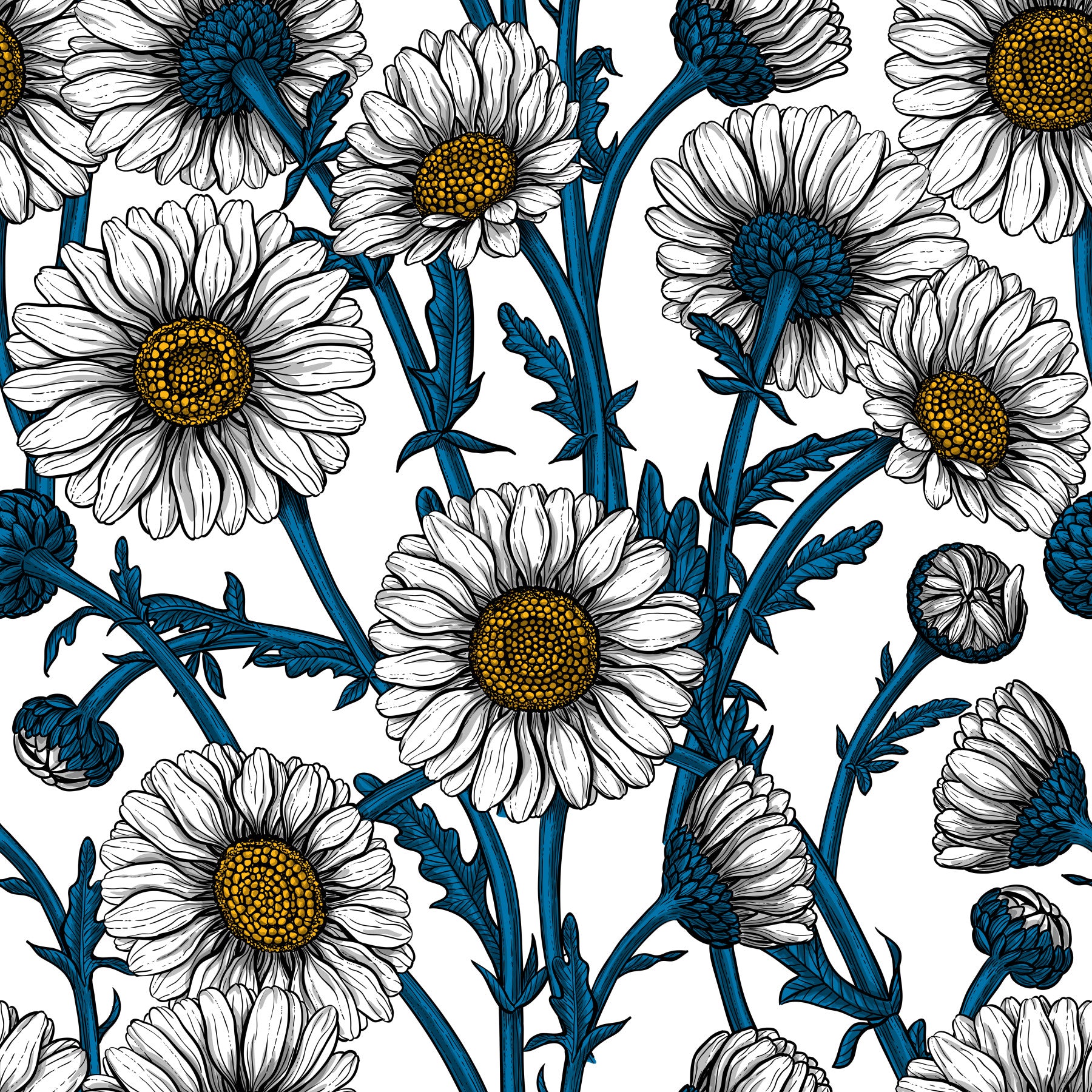 Daisies on white Wallpaper in a modern living room.