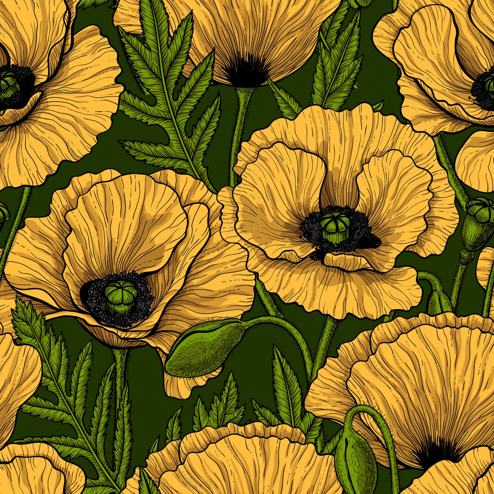 Papier peint jardin de coquelicots jaunes
