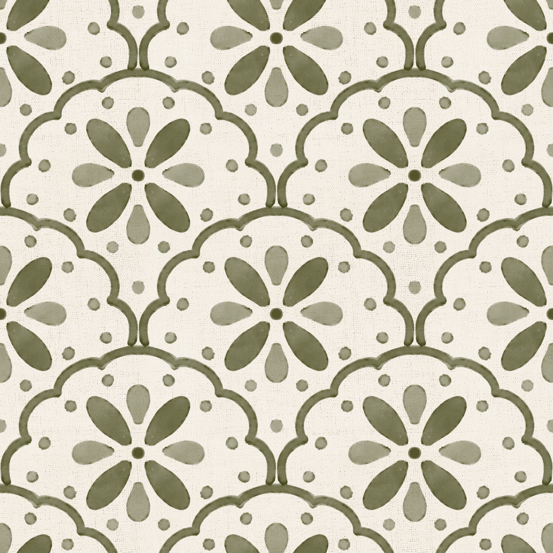 Tuscany Scallop Olive wallpaper warms a calm spa-style bathroom in muted sage tones.